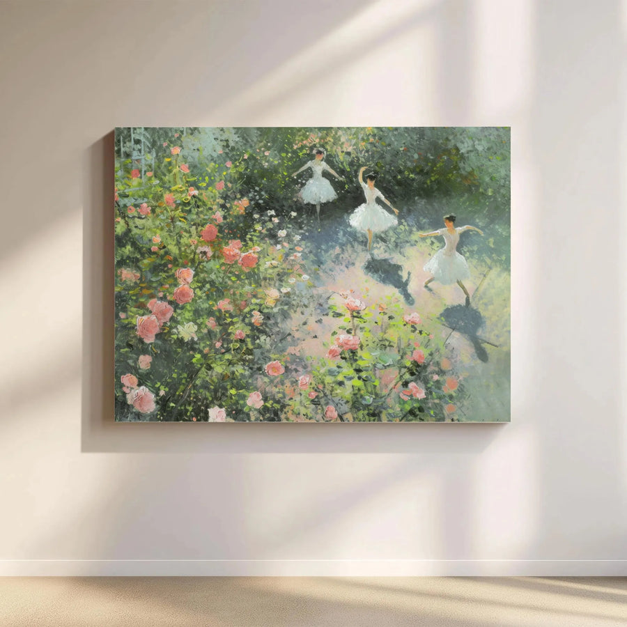 Ballerina Garden Canvas Wall Art | Impressionist Dancers in Rose Garden Painting | Premium Gallery Wrapped Canvas | Romantic Living Room Decor Gift