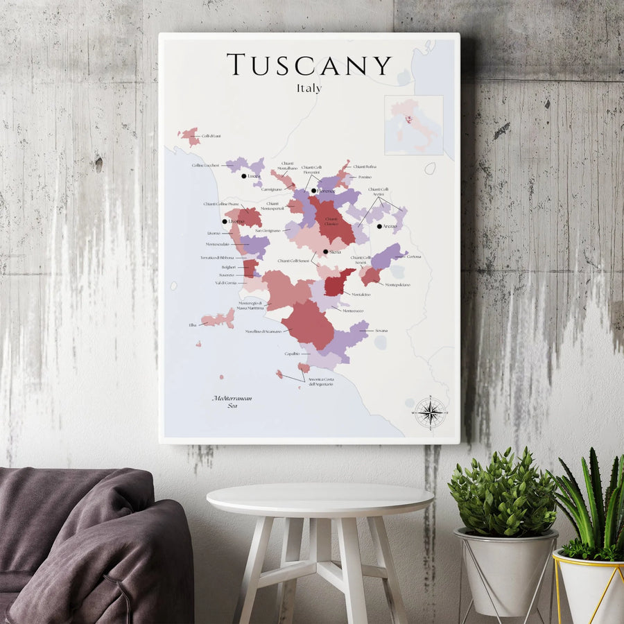 Tuscany Wine Regions Map Canvas Wall Art | Italian Vineyard Geography Print | Premium Gallery Wrap Decor | Gift for Wine Lovers & Travelers
