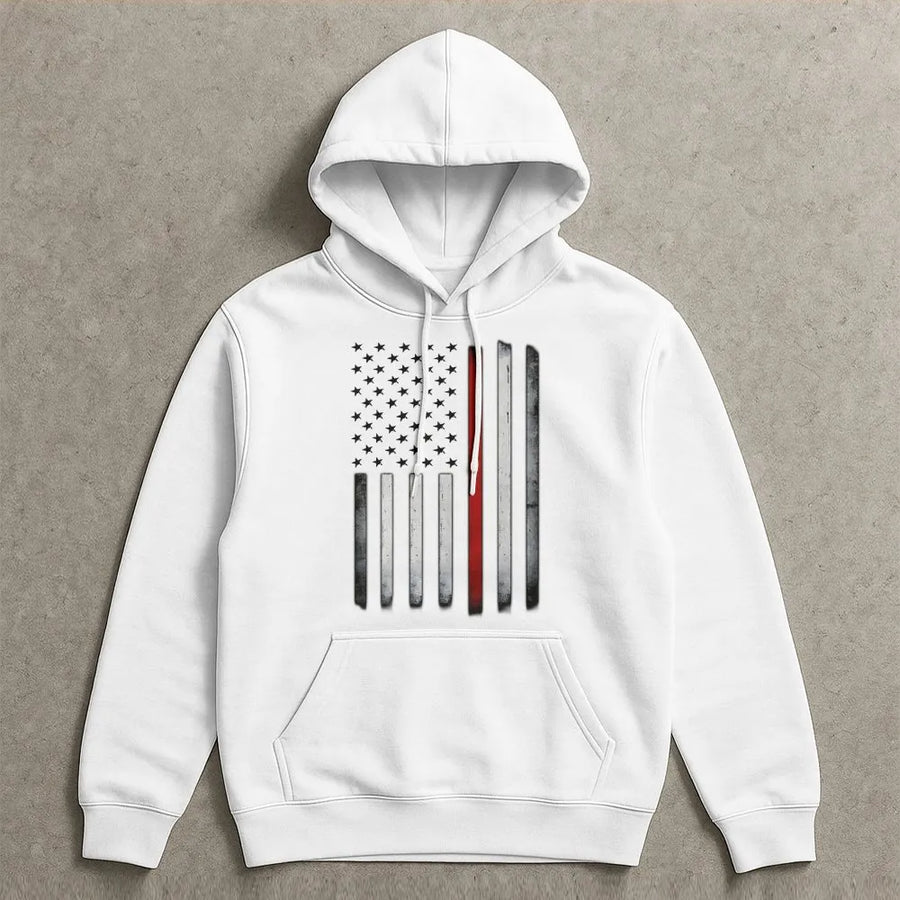 Thin Red Line Flag Hoodie | Distressed American Flag Graphic | Premium Crewneck Pullover | Gift for Firefighter Supporter