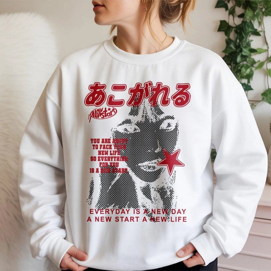 Y2K Aesthetic Sweatshirt | Japanese Text Graphic Print | Premium Cotton Blend | Unisex Oversized Streetwear Pullover Gift for Teens
