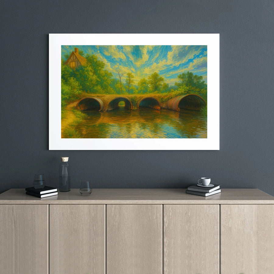 Landscape Canvas Wall Art | Impressionist River Cottage Bridge Print | Gallery Wrap Premium Decor | Ready To Hang Nature Artwork For Home