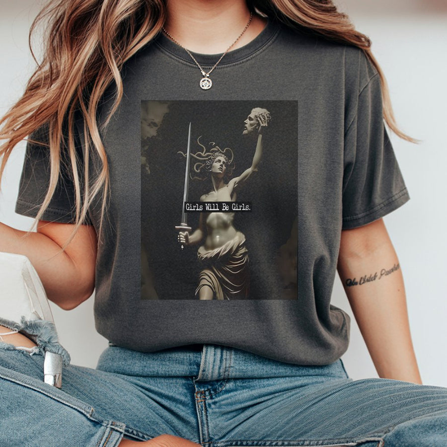 Medusa Graphic T-Shirt | Girls Will Be Girls Feminist Art | Premium 100% Cotton Tee | Gift for Mythology Lovers and Greek Goddess Fans