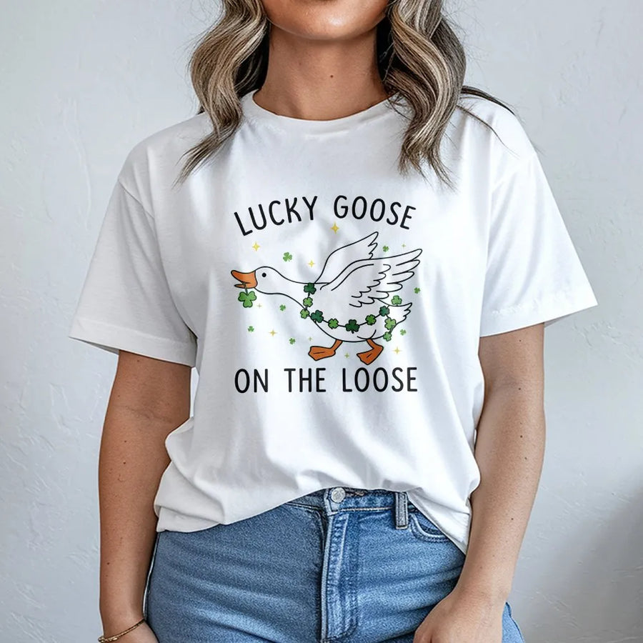 Lucky Goose On The Loose T-Shirt | Funny St. Patricks Day Graphic Tee | Premium Soft Cotton | Irish Shamrock Gift for Goose Lovers
