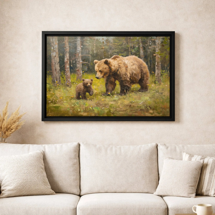 Mother Bear and Cub Wall Art | Forest Wildlife Oil Painting Print | Gallery Quality 1.25” Thick Canvas | Rustic Nature Home Decor Gift