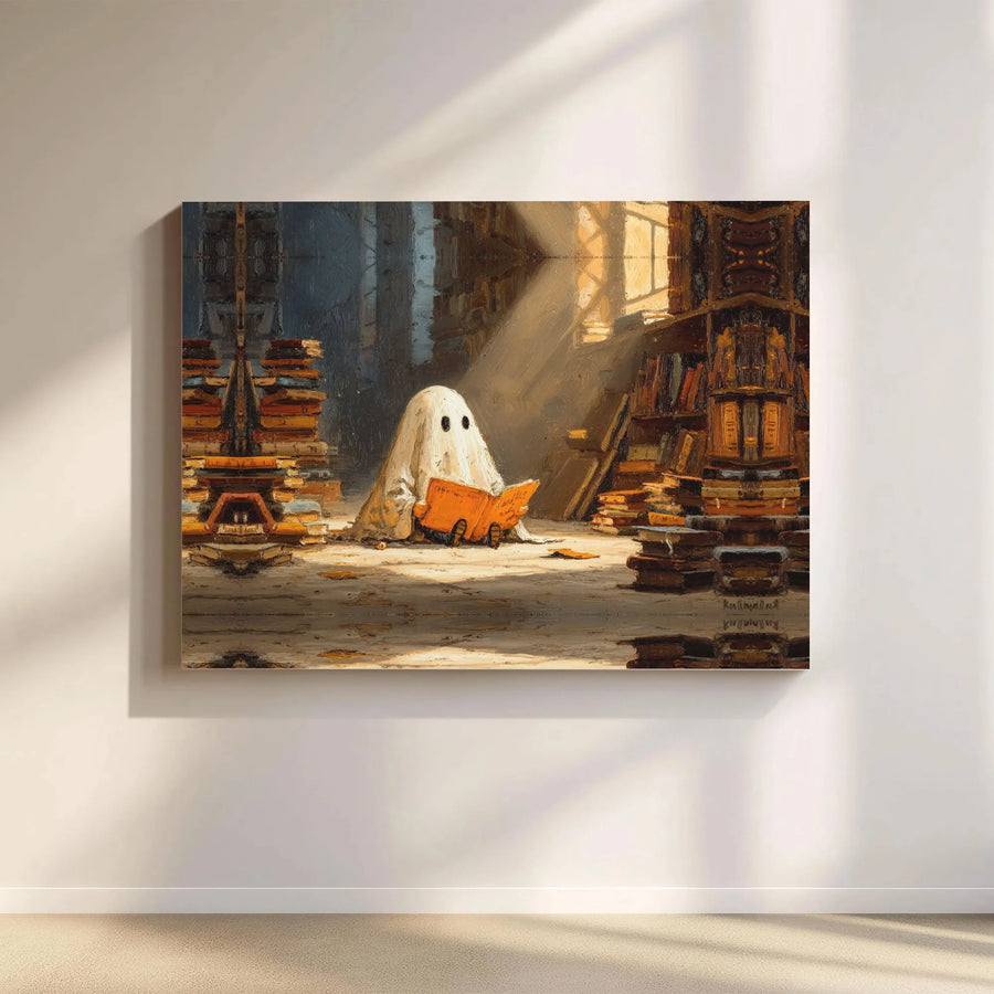 Ghost Reading Book Canvas Art | Whimsical Library Wall Decor | Gallery-Wrapped Premium Print | Spooky Academia Aesthetic Gift for Book Lovers