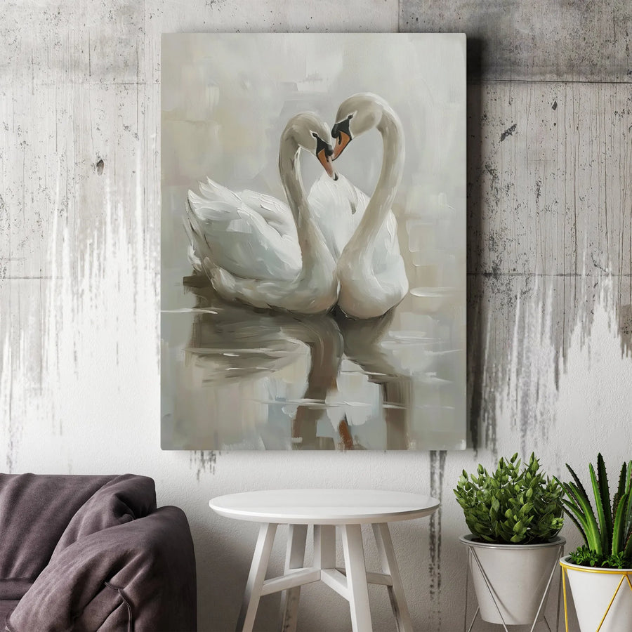 Swan Heart Wall Art | Romantic Oil Painting Style Canvas Print | Premium Gallery-Wrapped Decor | Anniversary Gift for Couples