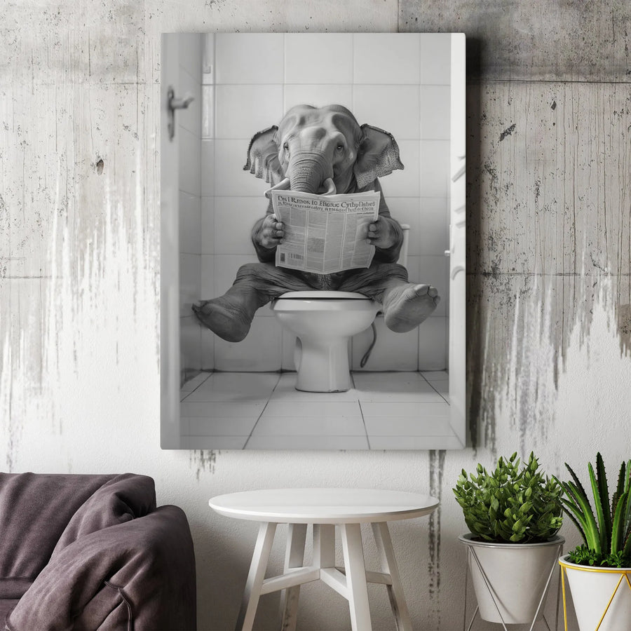 Funny Elephant Toilet Wall Art | Whimsical Bathroom Decor Print | Premium Gallery Wrapped Canvas | Humorous Animal Gift For Elephant Lovers