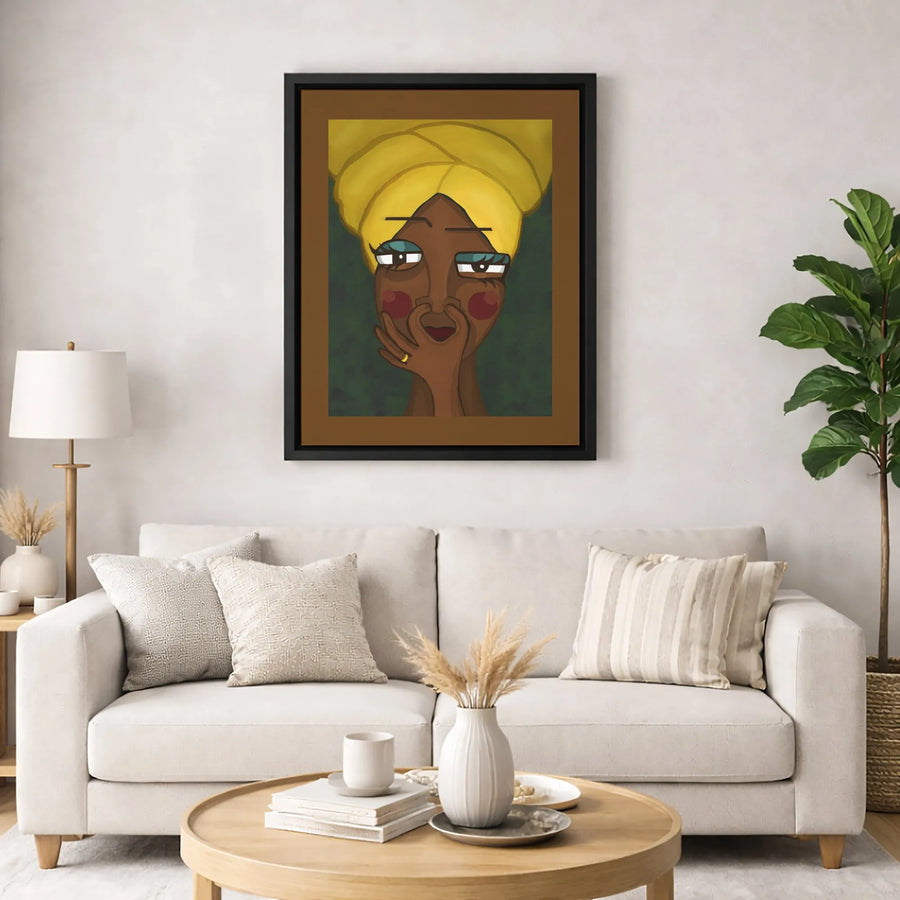 Abstract Black Woman Portrait Canvas | Yellow Headwrap Wall Art | Premium 1.25-Inch Gallery Wrap | Modern African American Decor Gift