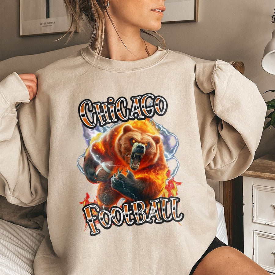 Chicago Football With Roaring Flaming Bear And Lightning Sweatshirt