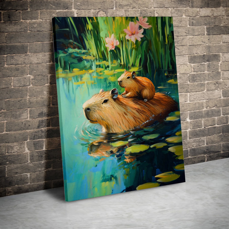 Capybara Wall Art Canvas Print | Mother and Baby in Lily Pond Painting | Premium Gallery Wrapped Canvas | Gift for Animal Lover, Nursery Decor