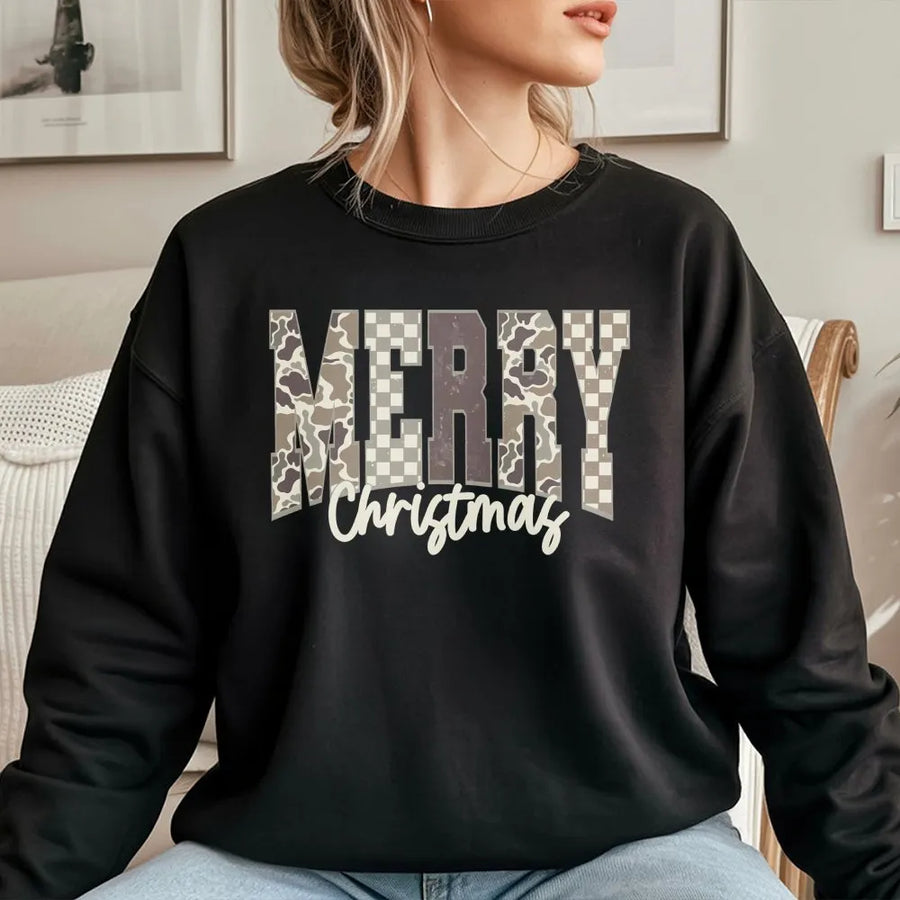 Merry Christmas Sweatshirt | Camouflage and Checkered Lettering | Premium Unisex Crewneck | Festive Holiday Gift for Hunters and Outdoorsy Women