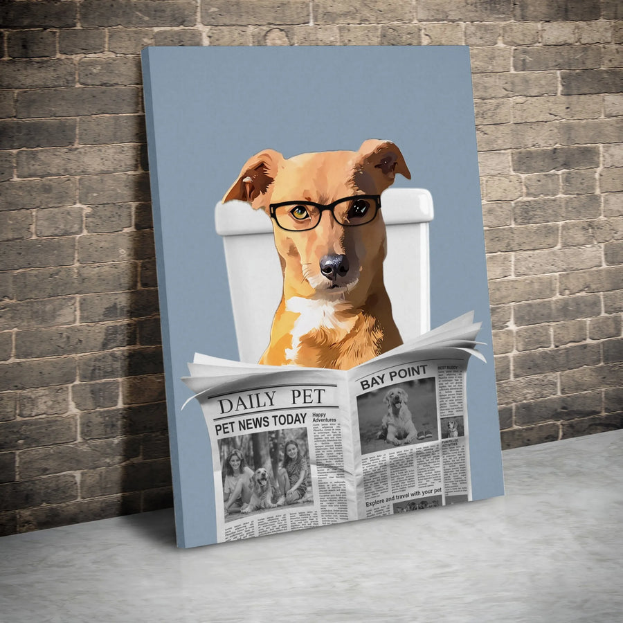 Dog on Toilet Reading Newspaper Canvas | Funny Animal Bathroom Wall Art | Premium Fade-Resistant Gallery Wrap | Unique Quirky Gift for Dog Lovers