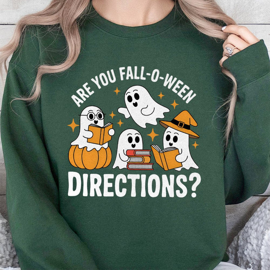 Fall-O-Ween Ghost Sweatshirt | Cute Reading Ghosts Graphic | Soft Cotton Blend Crewneck | Halloween Teacher Gift for Book Lovers