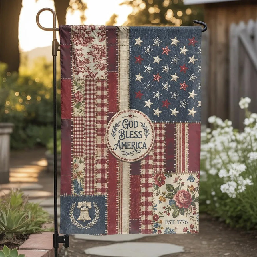 God Bless America Patriotic Garden Flag | Rustic Floral Patchwork Americana Design | Double-Sided Premium Weatherproof Polyester | Summer Yard Decor Gift