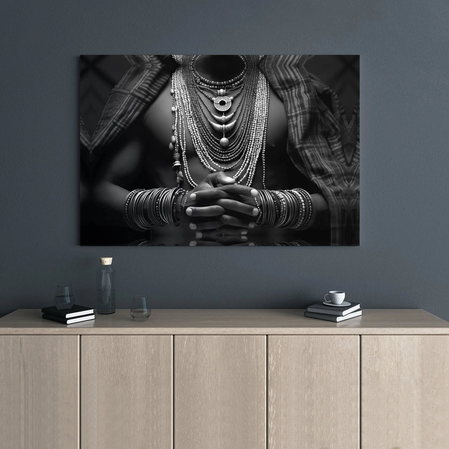 African Tribal Portrait Canvas | Monochrome Cultural Jewelry Art | 1.25" Gallery Wrap | Premium Bohemian Home Decor Wall Art