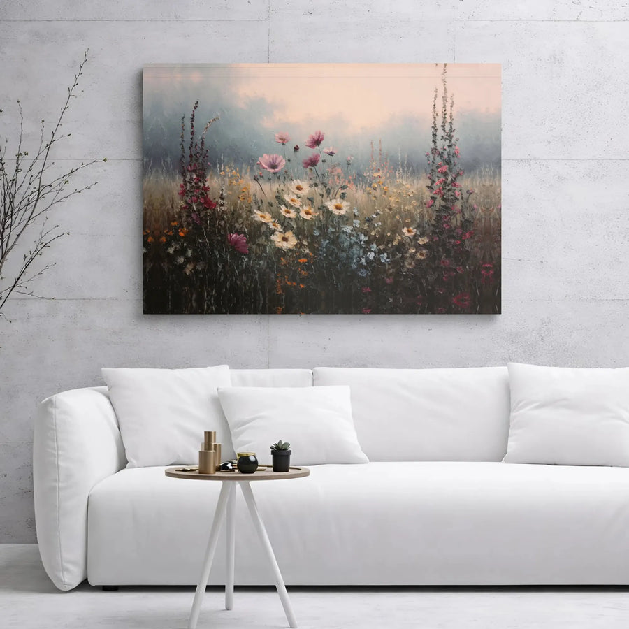 Misty Wildflower Meadow Canvas Print | Impressionist Floral Landscape Wall Art | Gallery Wrapped Premium Canvas | Ready to Hang Nature Home Decor