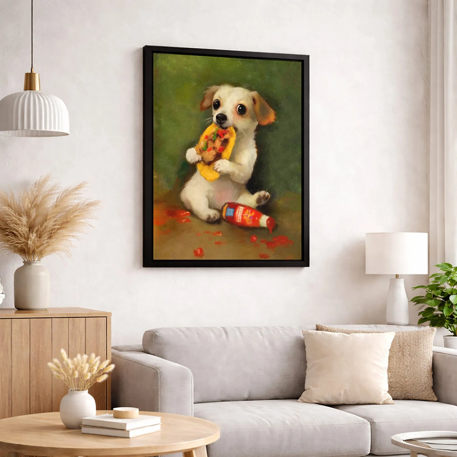 Cute Puppy Eating Taco Canvas Wall Art | Funny Dog Oil Painting Print | Premium Gallery Wrapped Decor | Unique Kitchen Gift For Dog Lovers