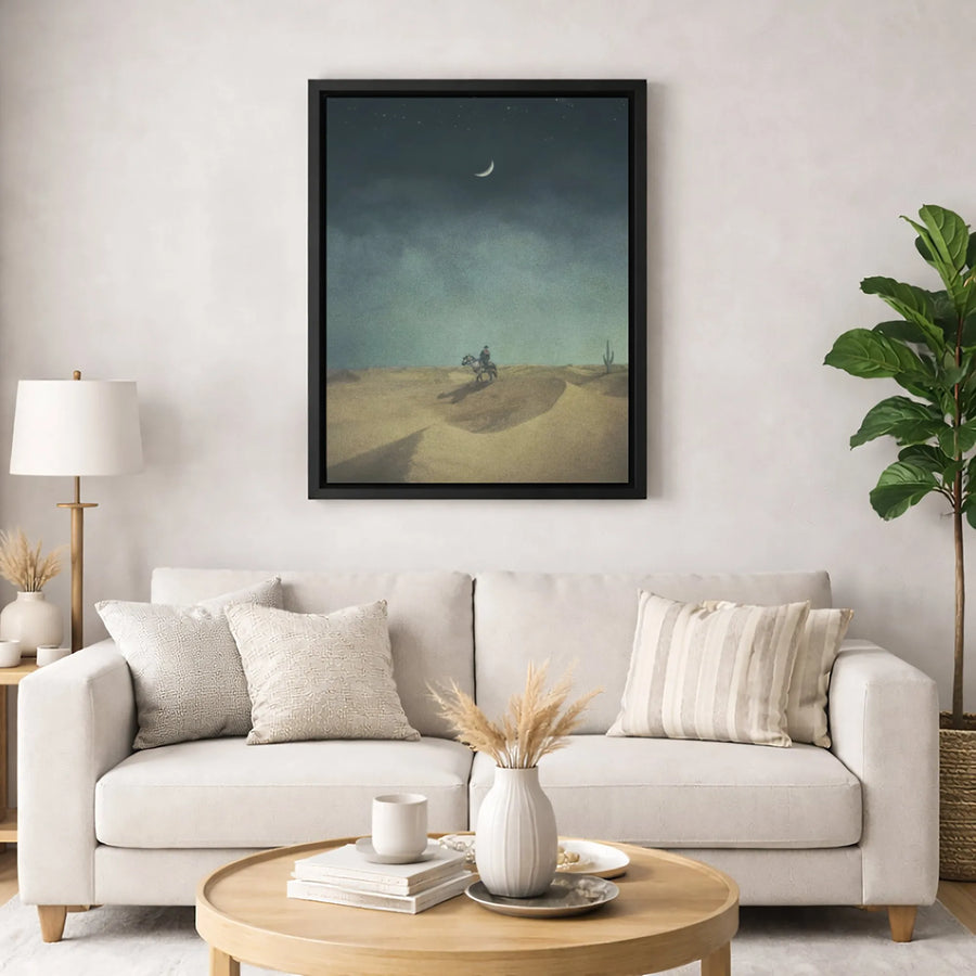 Western Cowboy Canvas Wall Art | Midnight Desert Silhouette Scene | Premium Gallery-Wrapped Print | Moody Home Decor for Living Room