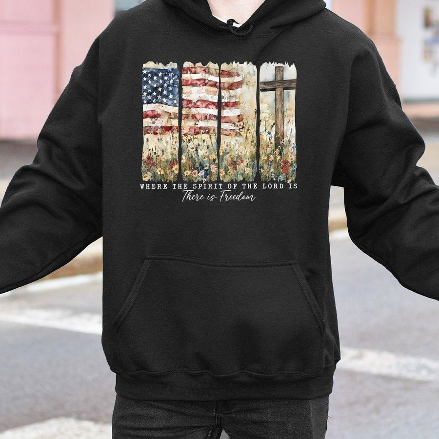 Where The Spirit Of The Lord Is There Is Freedom Hoodie | American Flag Christian Cross Graphic | Premium Cotton Blend | Faith-Based Gift For Believers