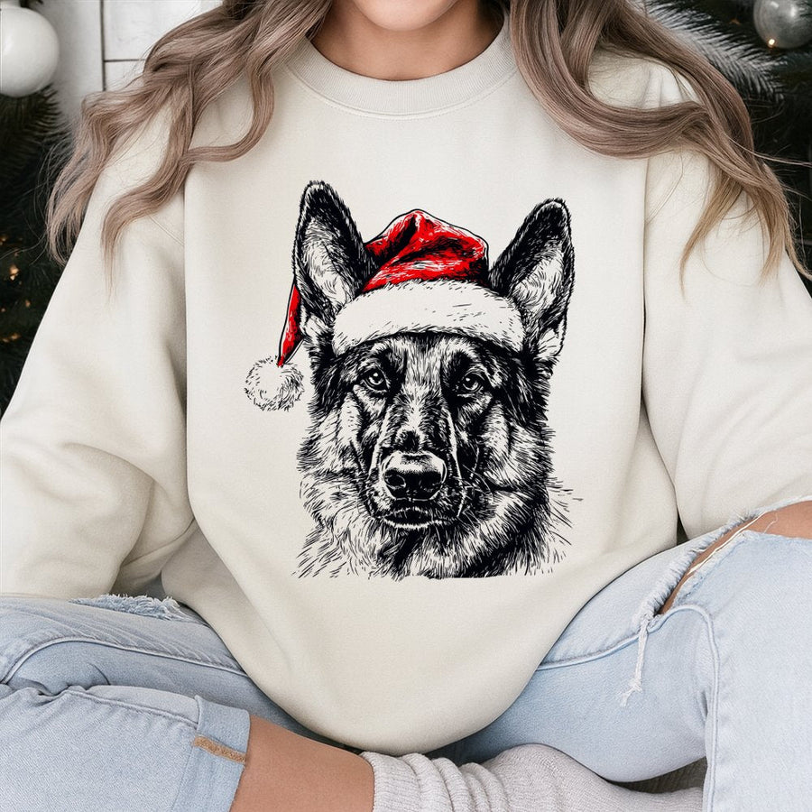 German Shepherd Christmas Sweatshirt | Festive Santa Hat Dog Graphic | Premium Unisex Holiday Apparel | Cozy Gift For Dog Lovers