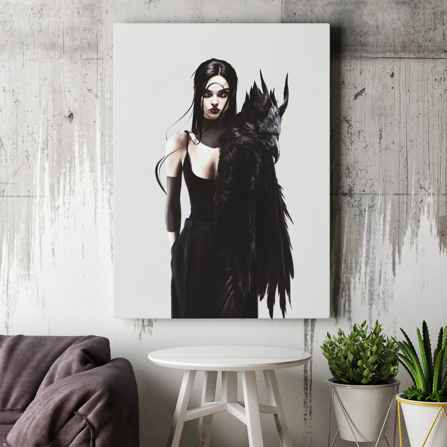 Gothic Woman With Raven Canvas Wall Art | Dark Fantasy Witch Aesthetic | Premium Fade-Resistant Gallery Wrap | Moody Home Decor Gift