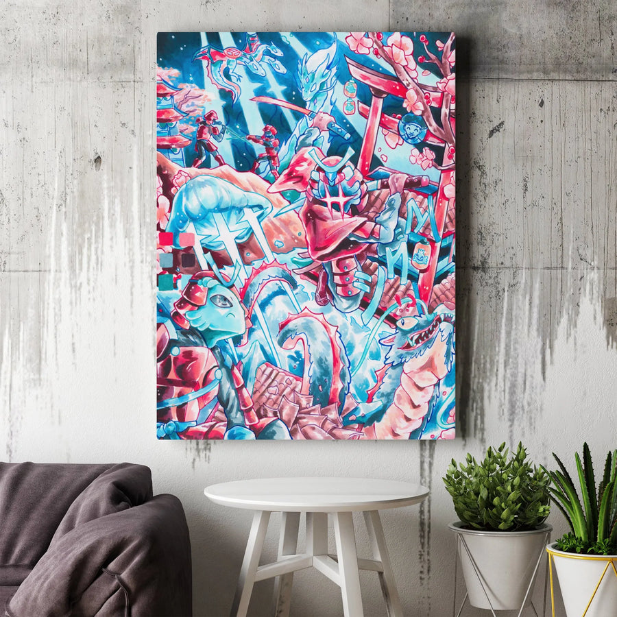 Japanese Samurai Dragon Wall Art | Epic Anime Fantasy Battle Canvas | Gallery Quality 1.25 Inch Profile | Premium Gamer Room Decor Gift