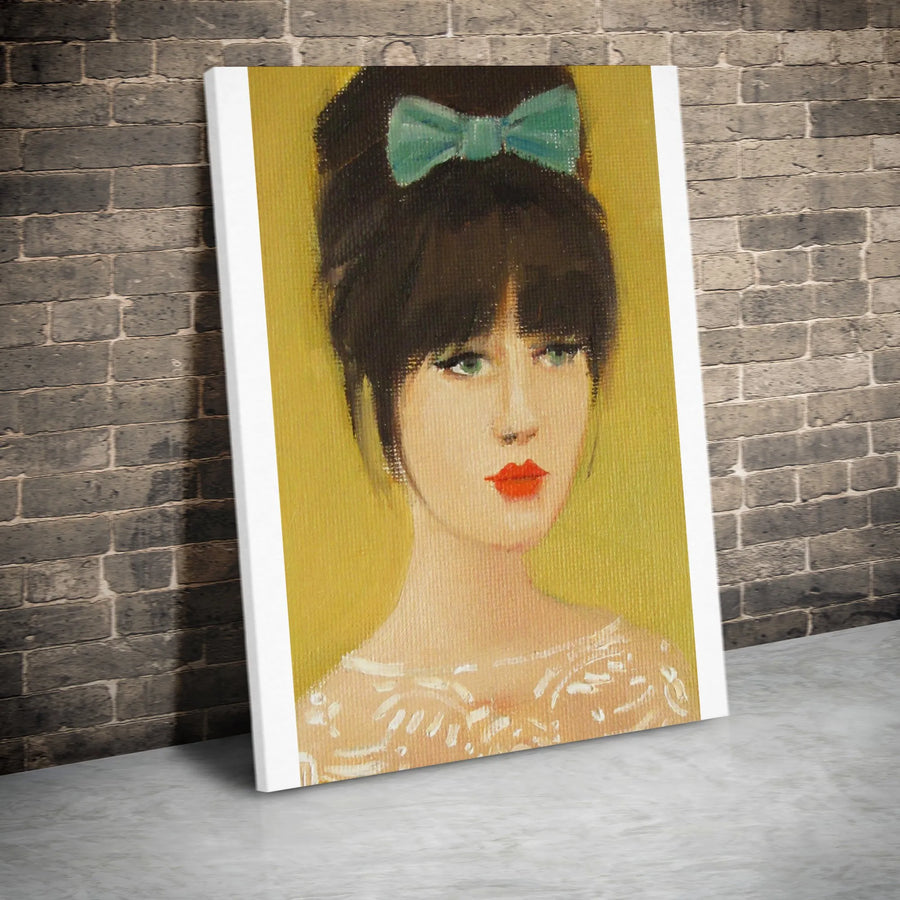 Vintage Woman Portrait Vertical Canvas | Retro 60s Style Art Print with Teal Bow | Premium Gallery Wrapped Canvas | Modern Living Room Decor Gift