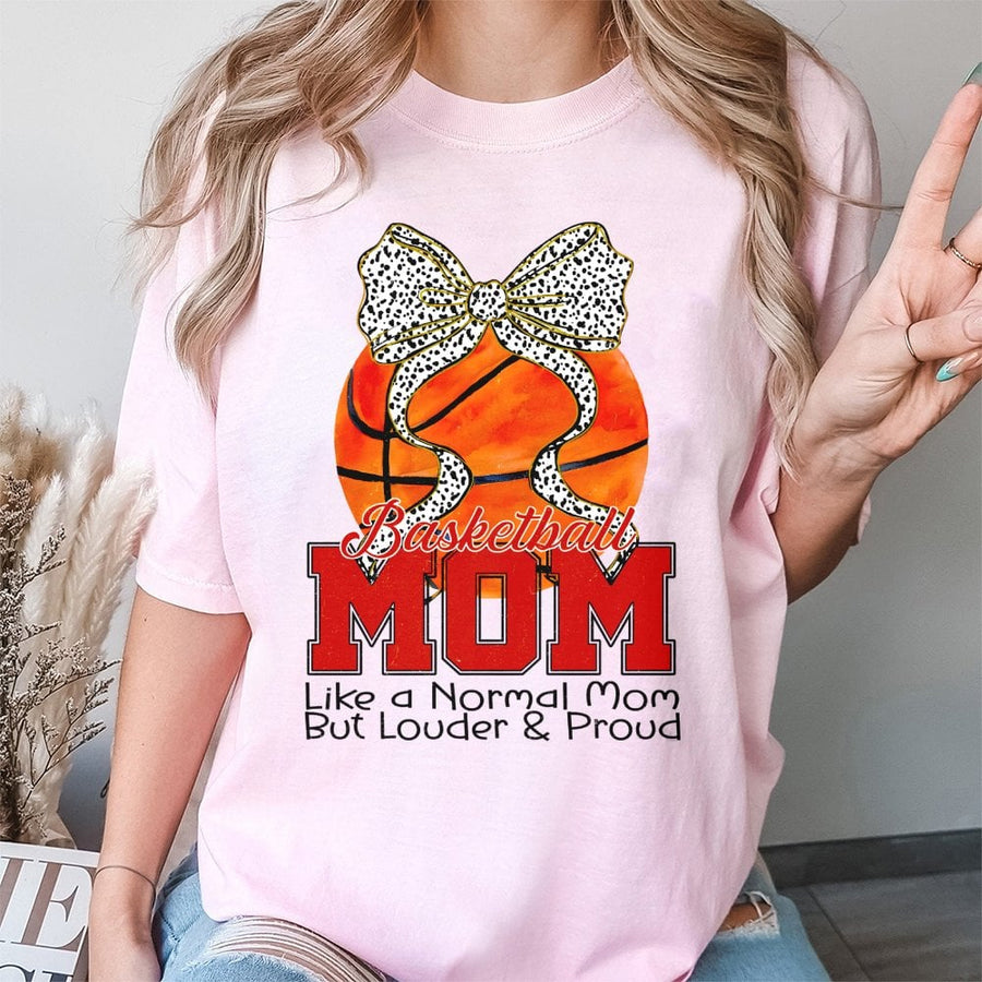 Basketball Mom T-Shirt | Loud and Proud Game Day Apparel | 100% Cotton Premium Tee | Cute Bow Design Gift for Basketball Fan Moms