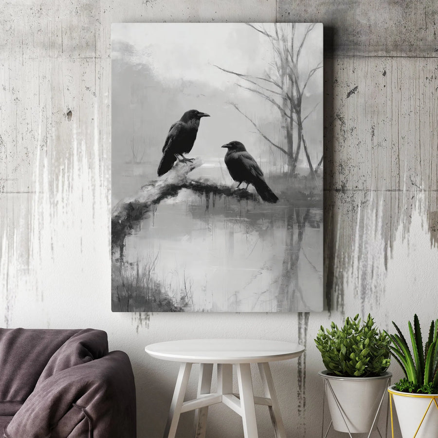Two Ravens Canvas Wall Art | Gothic Black and White Abstract Painting | Premium Frameless Gallery Canvas | Moody Living Room Wall Decor Gift