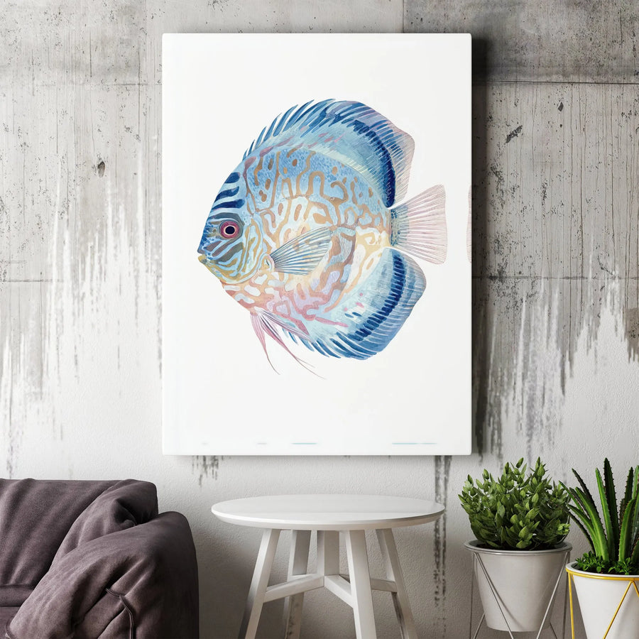 Blue Discus Fish Canvas Wall Art | Minimalist Watercolor Aquatic Print | 1.25 Inch Gallery Wrap | Premium Coastal Home Decor for Office