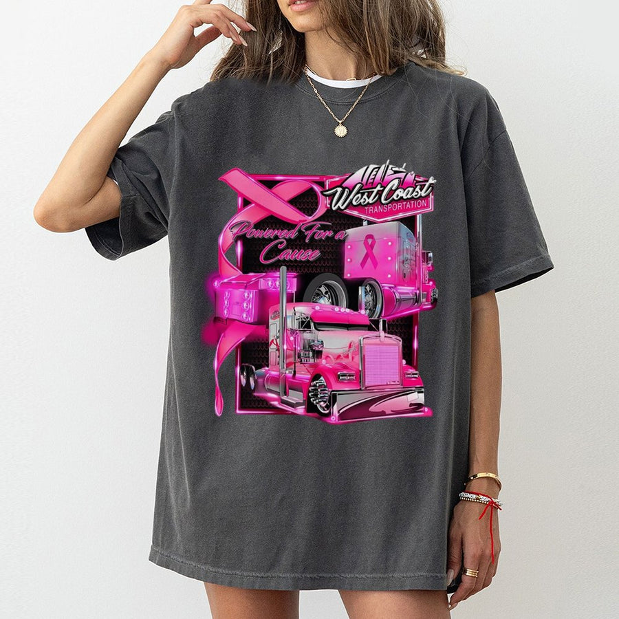 Pink Truck Breast Cancer Awareness T-Shirt | Powered For A Cause Graphic Tee | Premium 100% Cotton | Support Gift For Truck Drivers