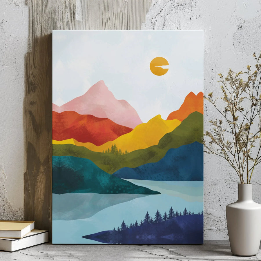 Abstract Mountain Landscape Canvas | Colorful Sunset Over Lake Wall Art | Premium 1.25-Inch Gallery Wrap | Modern Home Decor Gift