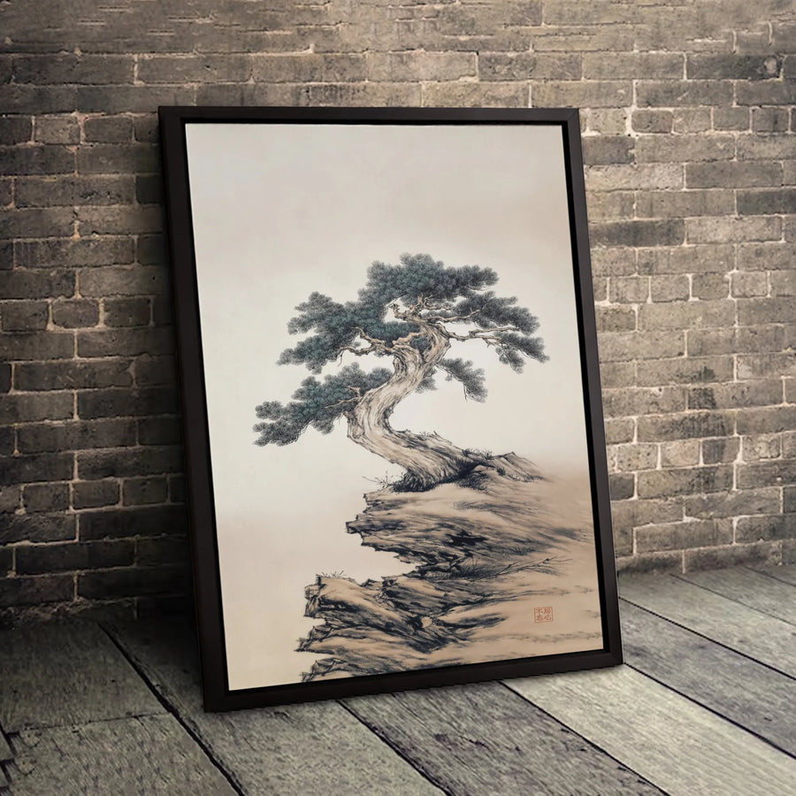 Chinese Ink Wash Pine Tree Canvas Art | Traditional Zen Landscape Painting | Gallery Wrapped Premium Canvas | Serene Home Office Decor Gift