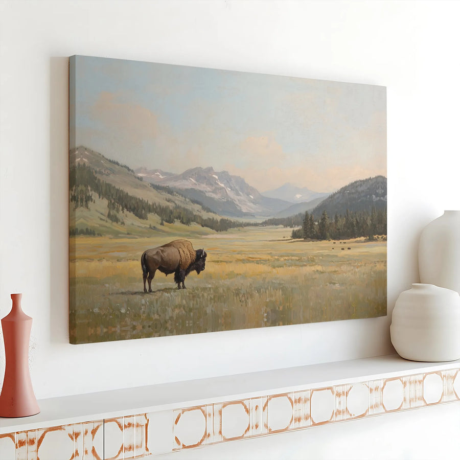 American Bison Canvas Art | Western Mountain Valley Landscape | Premium Gallery Wrapped Print | Rustic Nature Wall Decor for Home and Office