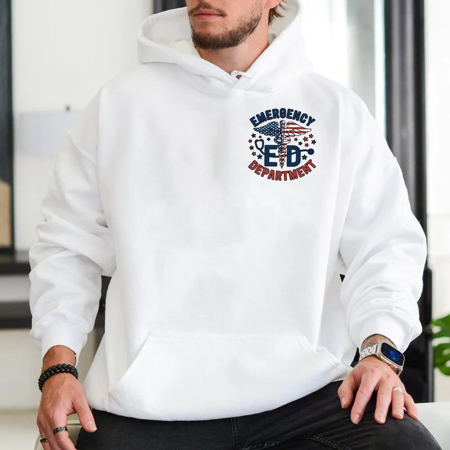 Emergency Department Hoodie | Patriotic American Flag Caduceus Graphic | Premium Cotton Tee | Gift for ER Doctor Nurse EMT