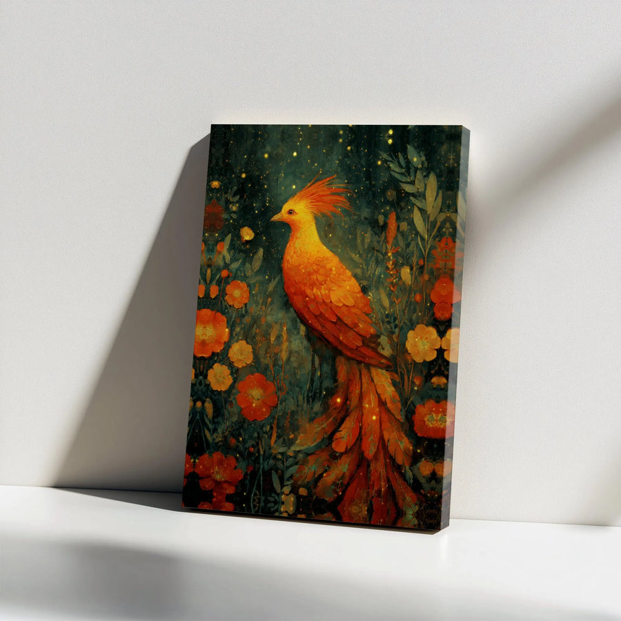 Phoenix Canvas Wall Art | Mystical Firebird & Floral Illustration | Premium Gallery Wrapped Canvas | Fantasy Lover Gift & Living Room Decor