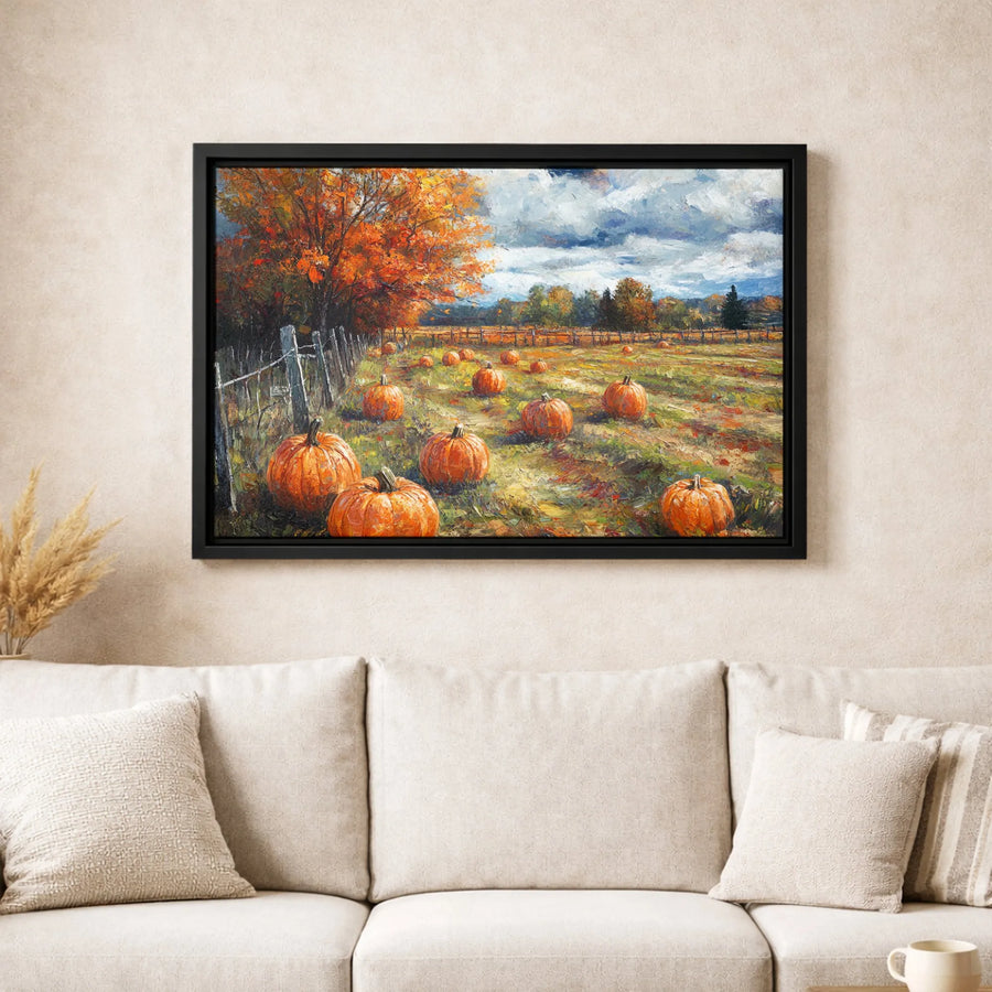 Autumn Pumpkin Patch Canvas Wall Art | Rustic Fall Landscape Oil Painting Print | Gallery Quality 1.25” Frame | Seasonal Farmhouse Home Decor Gift