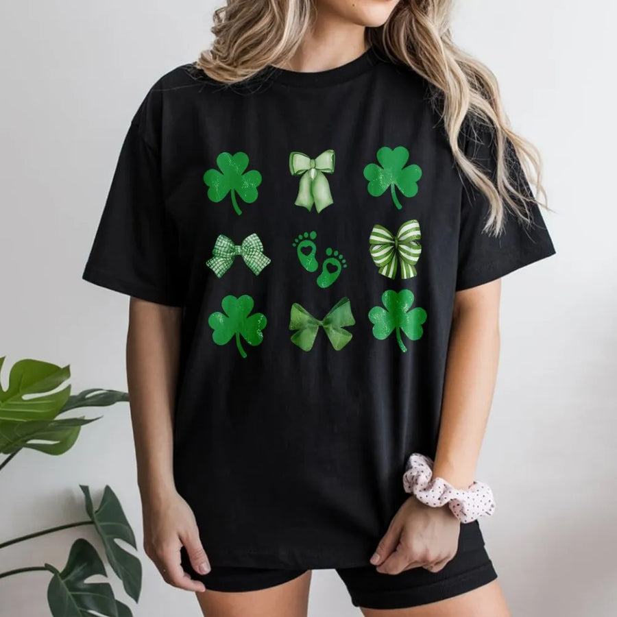 St. Patrick's Day Shamrock T-Shirt | Cute Irish Bow and Baby Footprint Graphic | 100% Cotton Premium Tee | Festive Holiday Gift for Women & Moms