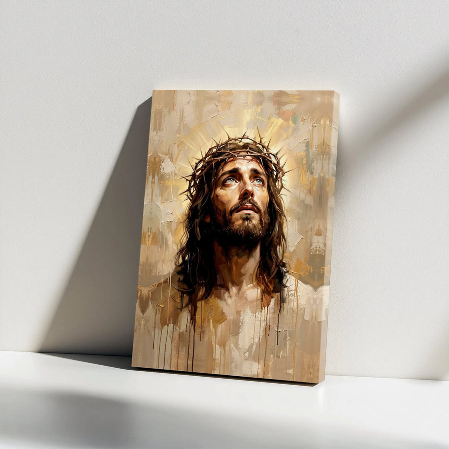 Jesus Christ Canvas Wall Art | Modern Abstract Portrait with Crown of Thorns | Premium Frameless Canvas | Inspirational Christian Home Decor Gift