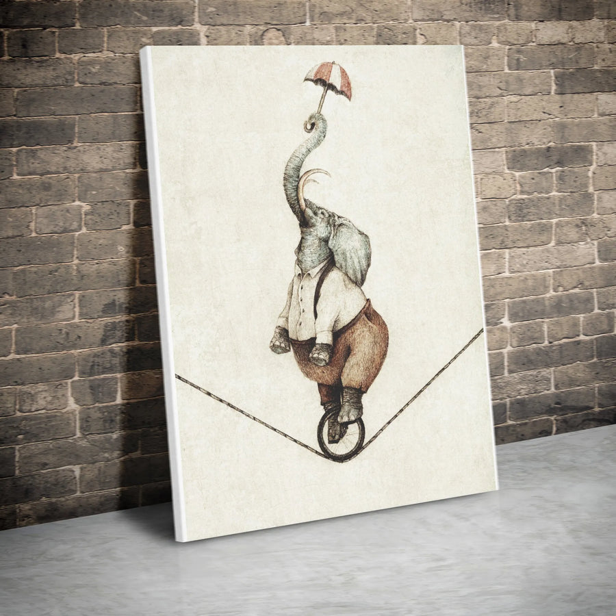 Circus Elephant Canvas Wall Art | Tightrope Walker on Unicycle | Premium Gallery Canvas | Whimsical Nursery Decor Gift