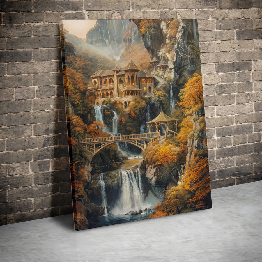 Fantasy Elven Castle Canvas Wall Art | Autumn Waterfall Landscape Print | Gallery-Quality 1.25 Inch Profile | Whimsical Nature Home Decor Gift