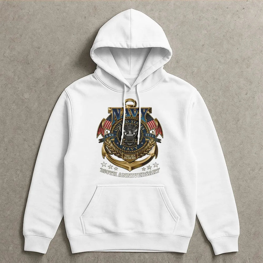 US Navy 250th Anniversary Hoodie | Commemorative Military Anchor Graphic | Premium Cotton Blend | Gift for Navy Veteran and Active Duty Sailors
