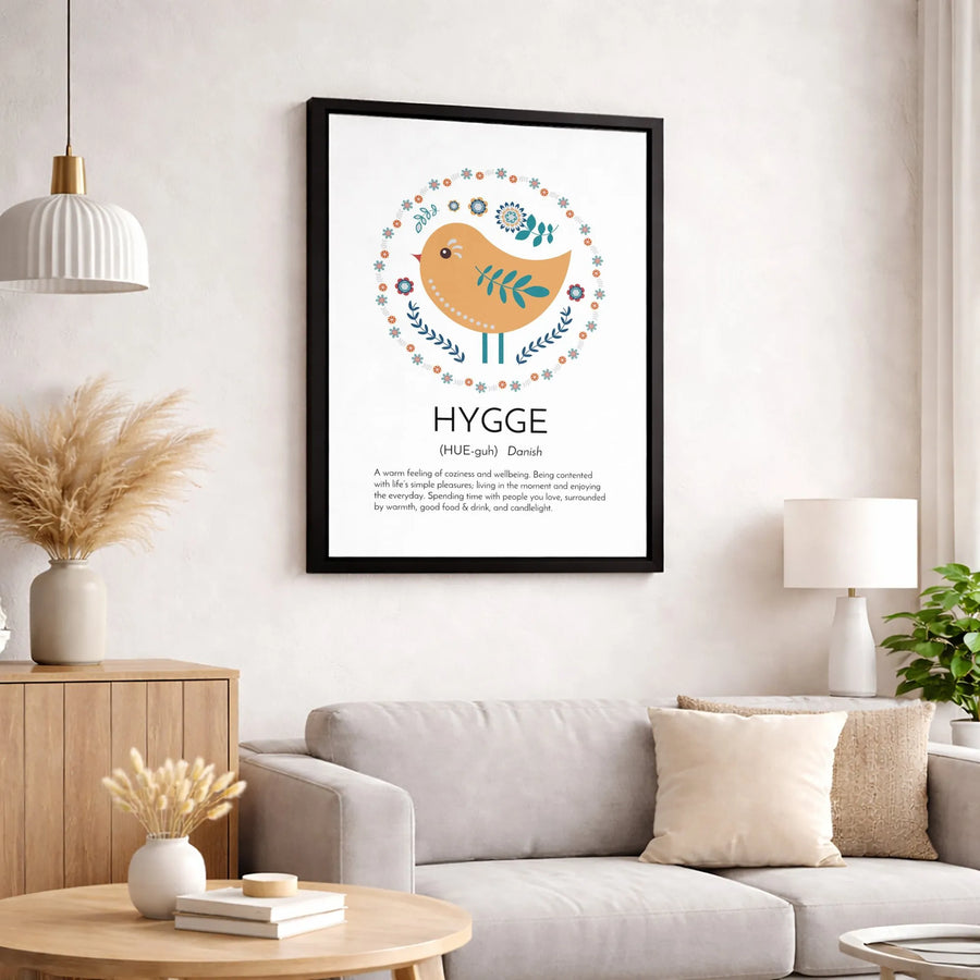Hygge Definition Wall Art | Scandinavian Folk Art Bird Print | Premium Gallery Wrapped Canvas | Cozy Home Decor Gift for Minimalist Interior