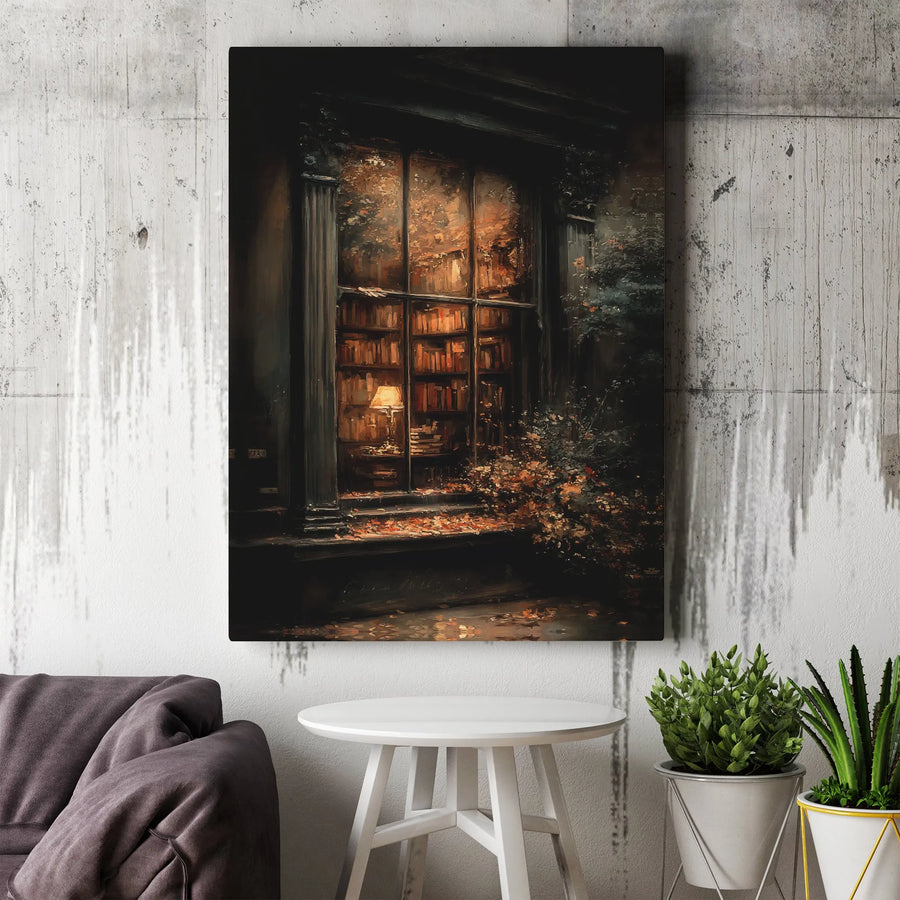 Cozy Library Canvas Wall Art | Autumn Bookcase Window Scene | Premium Gallery-Wrapped Print | Warm Aesthetic Decor for Readers & Home Library