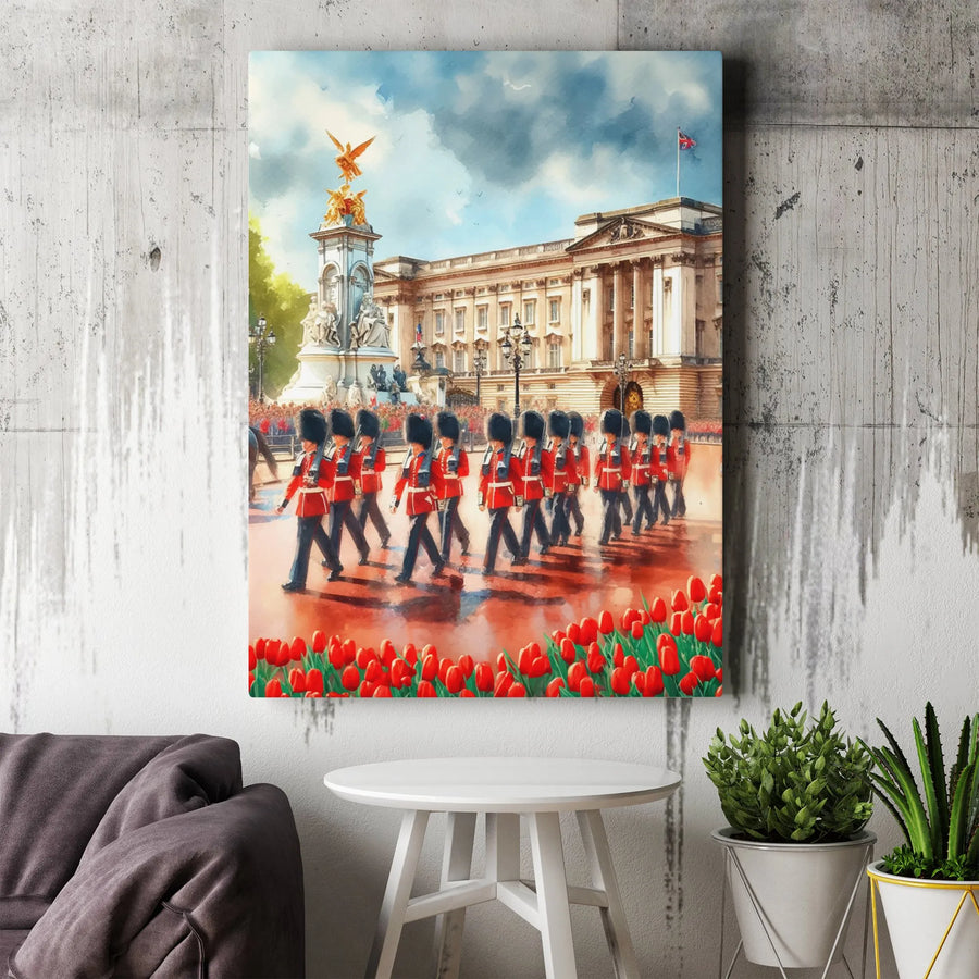 Buckingham Palace Canvas Print | Queen's Guard Watercolor Painting | Premium Gallery Wrap Wall Art | British Travel Decor Gift
