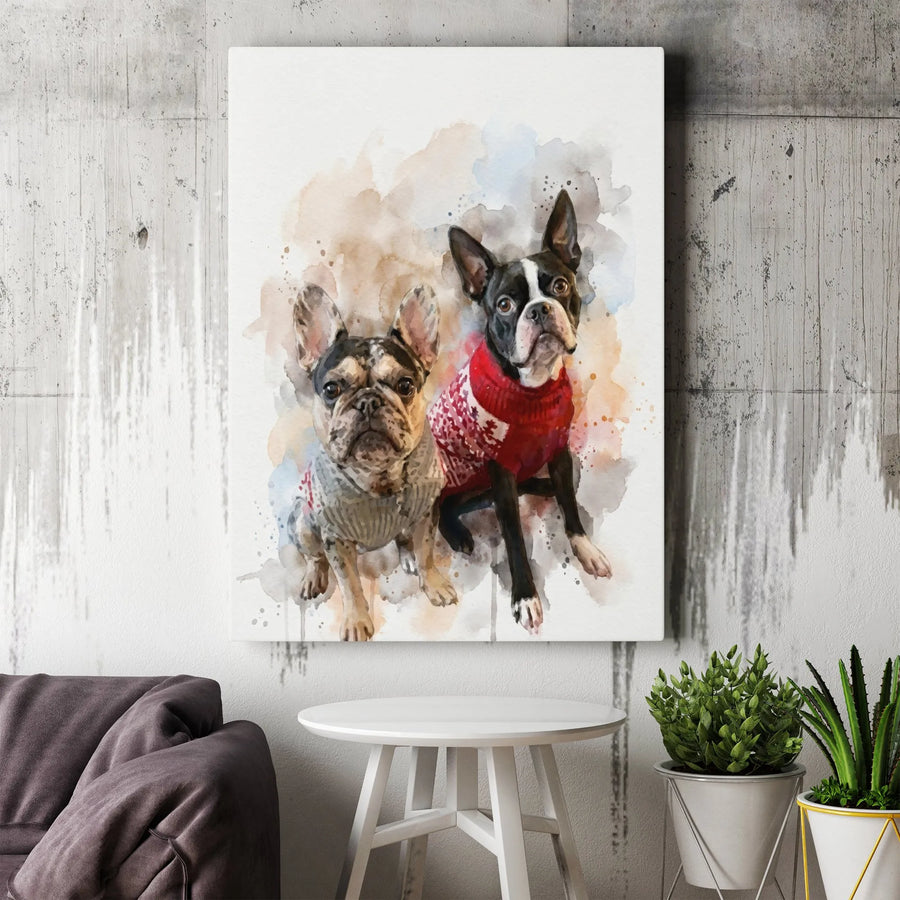 French Bulldog and Boston Terrier Canvas | Watercolor Pet Portrait Wall Art | Gallery Wrapped Premium Print | Unique Dog Lover Home Decor Gift