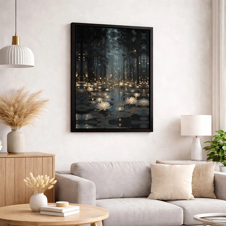Mystical Forest Canvas Wall Art | Glowing Water Lilies Pond Scene | Premium Fade-Resistant Print | Enchanted Nature Home Decor Gift