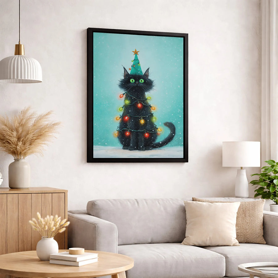 Black Cat Christmas Tree Canvas | Whimsical Holiday Wall Art | Premium Fade-Resistant Print | Festive Home Decor Gift for Cat Lovers