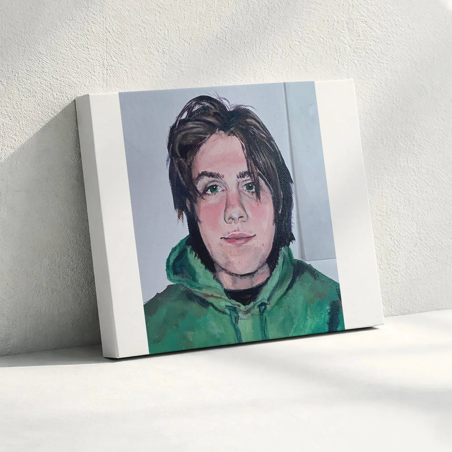 Modern Portrait Canvas Print | Painterly Artwork of Teen in Green Hoodie | Premium Gallery Wrap Canvas | Collector's Gift for Modern Home Decor