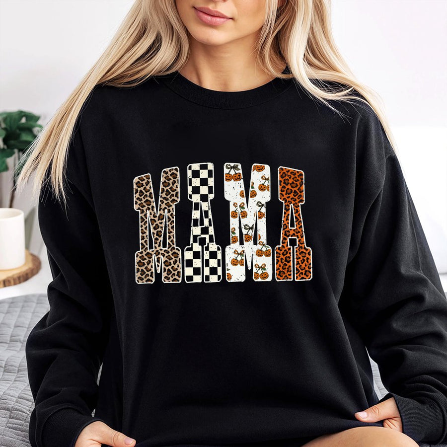 Mama Pumpkin Sweatshirt | Leopard Print & Checkered Fall Graphic | Soft Cotton Blend Crewneck | Trendy Halloween Gift For Mom